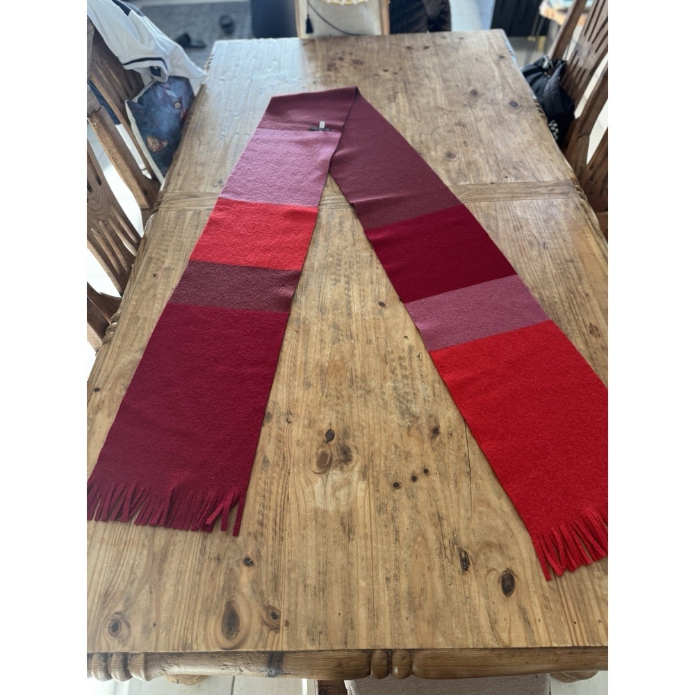 Vintage Lucy Barlow Wool Scarf Made in England Red Burgundy Colorblock Fringe - Picture 5 of 14